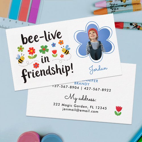 Cute Colorful Blue Boys Photo Play Date Bees Child Business Card
