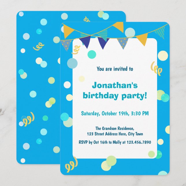 Cute Colorful Blue & Green Confetti Boy Birthday Invitation (Front/Back)