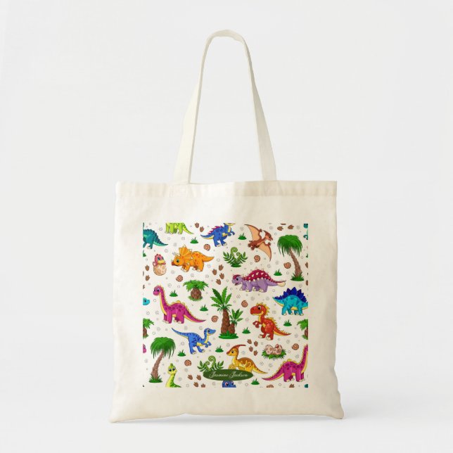 Cute Colorful Blue Green Pattern Dinosaur  Tote Bag (Front)