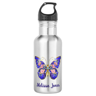 Cute Colorful Blue Pink Gold Butterfly Floral Stainless Steel Water Bottle
