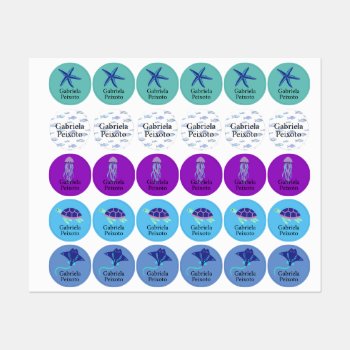 Cute Colorful Blue-purple Marine Animals Kids' Labels by LittleLoomLabels at Zazzle