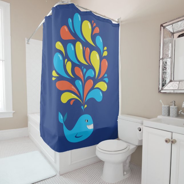 Cute Colorful Blue Whale Shower Curtain (In Situ)