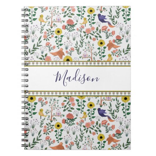 Cute Colorful Boho Bird and Floral Pattern Notebook