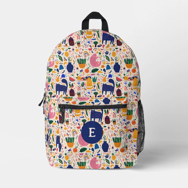 Cute Colorful Boho Desert Cats Monogram Printed Backpack (Front)