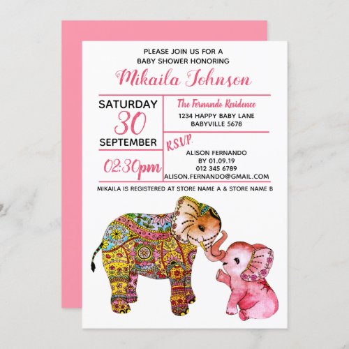 Cute Colorful Boho Watercolor Elephant Baby Shower Invitation