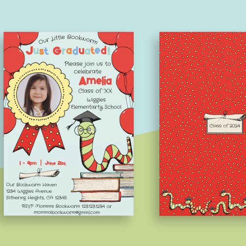 Cute Colorful Bookworm Graduation Party with Photo Invitation