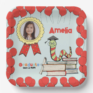 Cute Colorful Bookworm Graduation Party with Photo Paper Plates