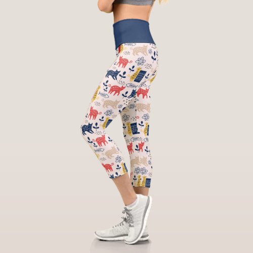 Custom Leggings 17 Cute Colorful Botanical Floral Cat Capri Leggings