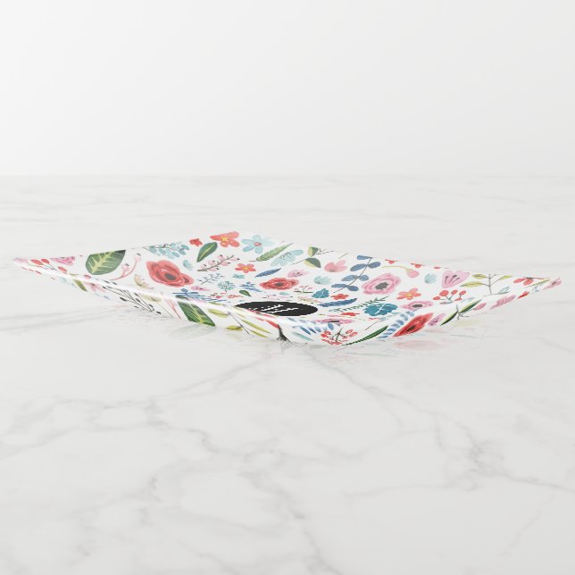 Cute Colorful Botanical Flowers & Leafs Pattern Trinket Tray (Angled)