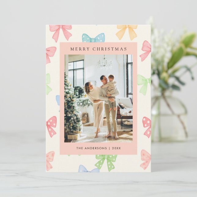 Cute Colorful Bow Pattern 5 Photo Christmas Holiday Card (Standing Front)
