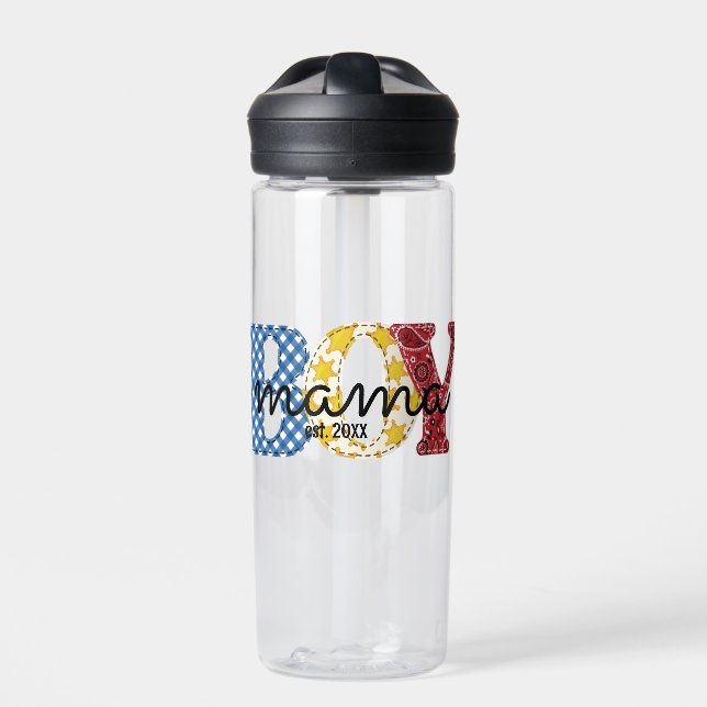 Cute Colorful Boy Mama Plaid Cowgirl Mom Water Bottle (Front)