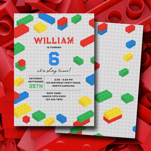 Cute Colorful Bricks Building Blocks Kids Birthday Invitation