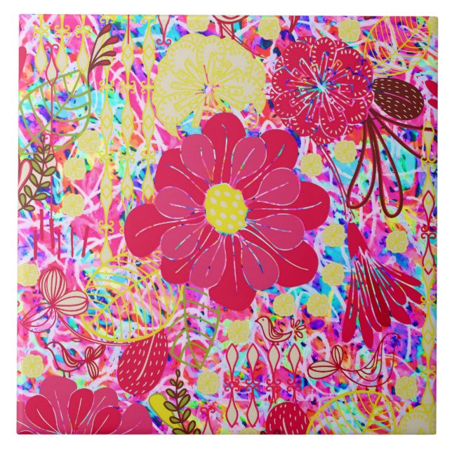 Cute colorful bright flowers ceramic tile (Front)