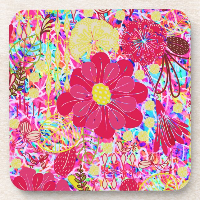 Cute colorful bright flowers drink coaster (Front)