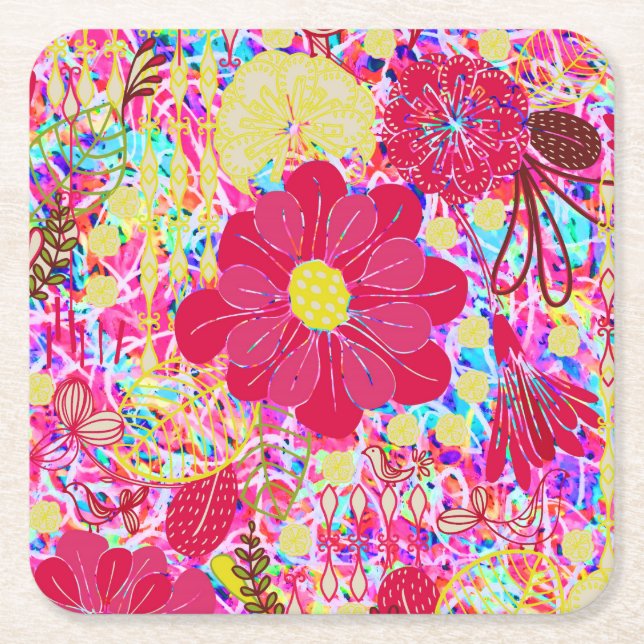Cute colorful bright flowers square paper coaster (Front)