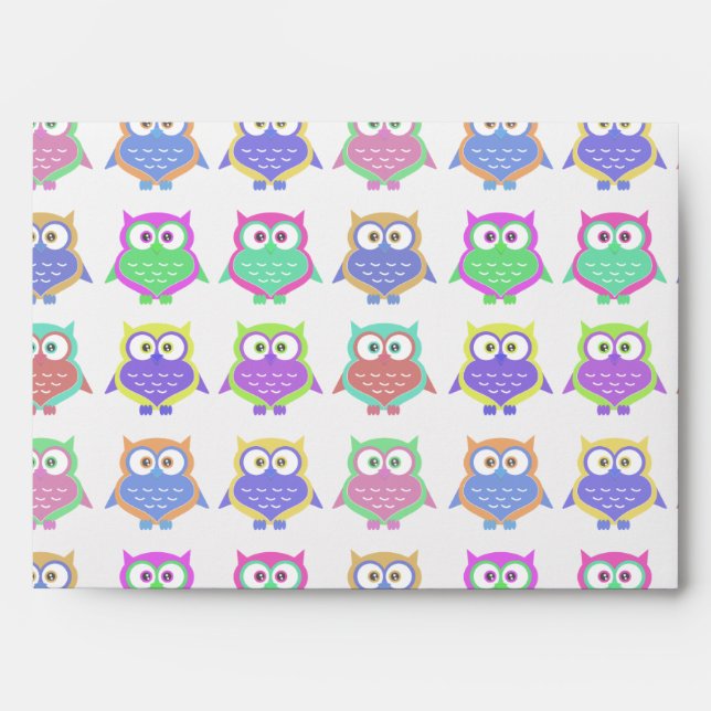 Cute Colorful Bright Owl Bird Cartoon Envelope (Front)