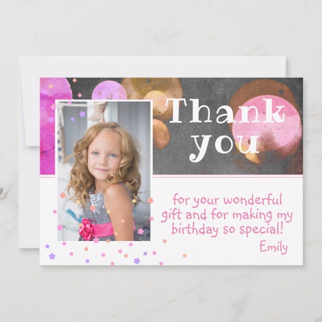 Cute Colorful Bubbles Chalkboard Girly Photo Thank You Card (Front)