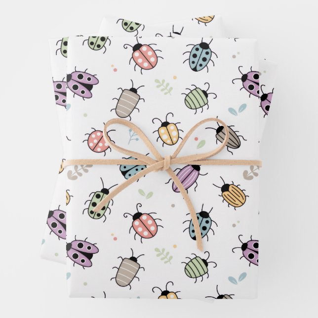 Cute Colorful Bugs Pattern Wrapping Paper Sheets (In situ)