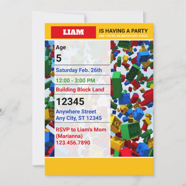 Cute Colorful Building Bricks Birthday Invitation (Front)