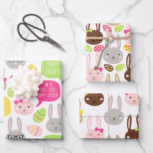 Cute Colorful Bunny Eggs Pattern Happy Easter  Wrapping Paper Sheets