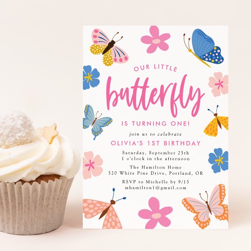 Cute Colorful Butterflies 1st Birthday Party Invitation