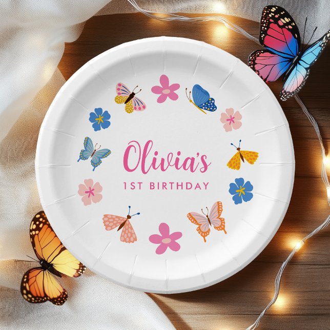 Cute Colorful Butterflies Birthday Party Paper Plates (Creator Uploaded)