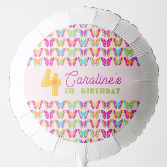 Cute Colorful Butterflies Girl 4th Birthday Party Balloon (Front)