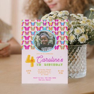 Cute Colorful Butterflies Girl 4th Birthday Party