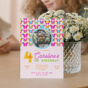 Cute Colorful Butterflies Girl 4th Birthday Party Invitation