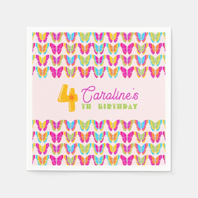 Cute Colorful Butterflies Girl 4th Birthday Party Napkins (Front)