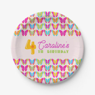 Cute Colorful Butterflies Girl 4th Birthday Party Paper Plates