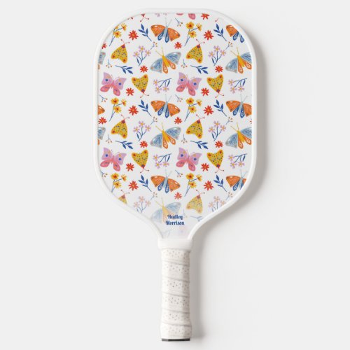 Cute Colorful Butterflies Moths Custom Text Name Pickleball Paddle