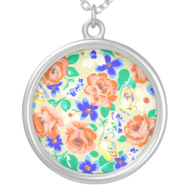 Cute colorful butterflies roses patterns silver plated necklace (Front)