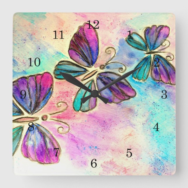 Cute Colorful Butterflies Square Wall Clock (Front)