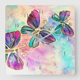 Cute Colorful Butterflies - Watercolor Art Square Wall Clock