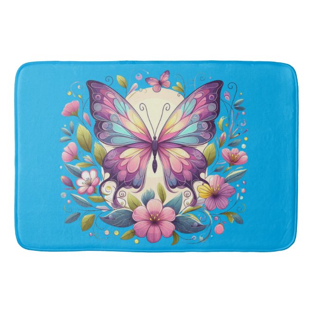 Cute, colorful butterfly  bath mat (Front)