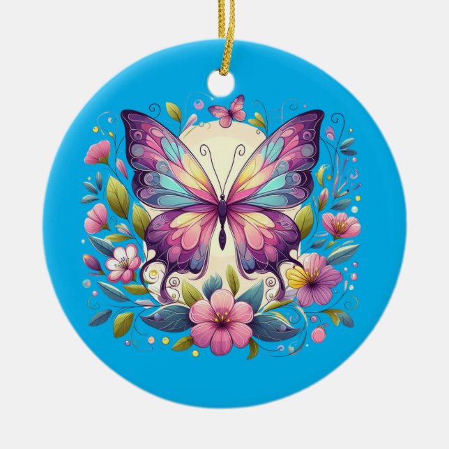 Cute, colorful butterfly  ceramic ornament (Front)