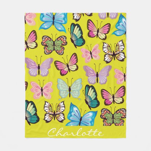 Cute Colorful Butterfly Pattern Yellow Custom Name Fleece Blanket