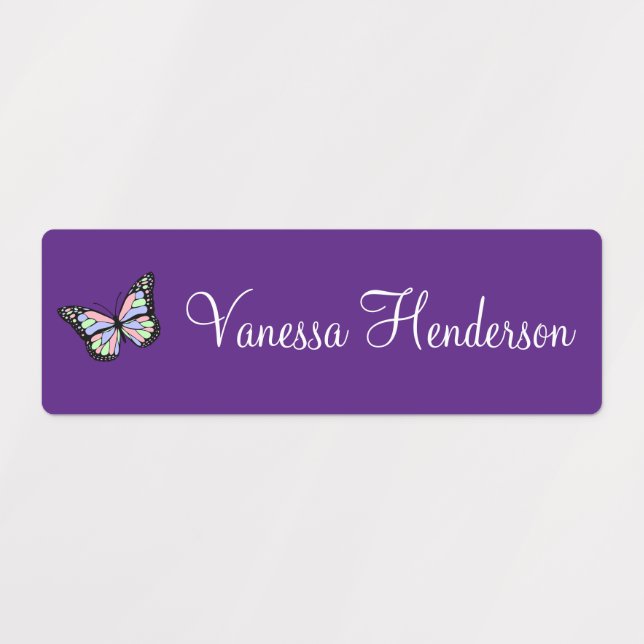 Cute Colorful Butterfly Purple & White Script Name Kids' Labels (Design 1)