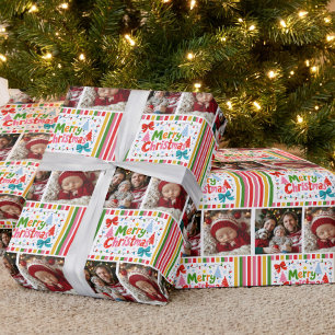 Cute Colorful Candy Stripe 2 Photo Grid Christmas Wrapping Paper