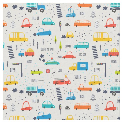 Cute Colorful Car Traffic Pattern Fabric