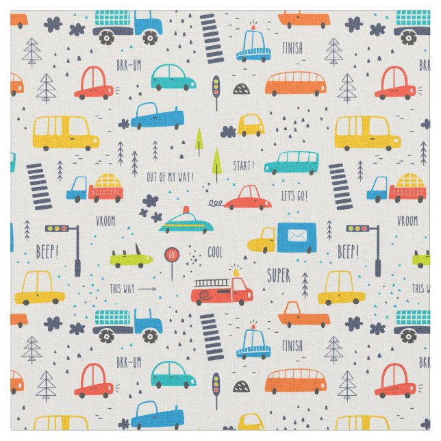 Cute Colorful Car Traffic Pattern Fabric (Close Up)