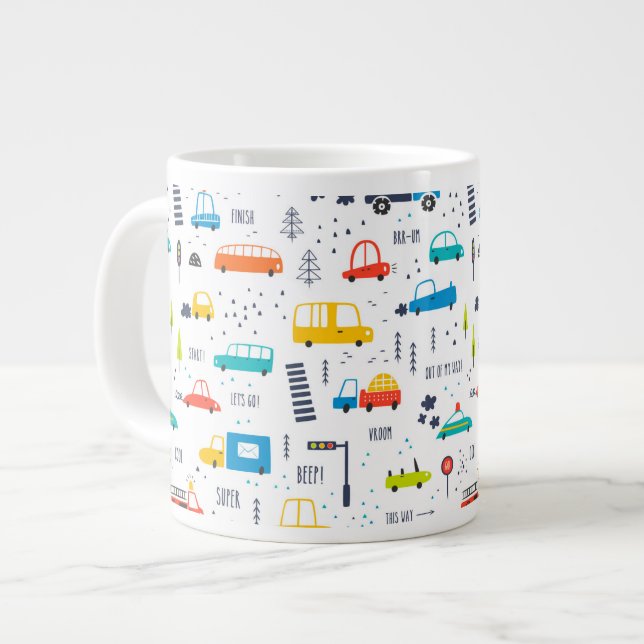Cute Colorful Car Traffic Pattern Giant Coffee Mug (Front Left)