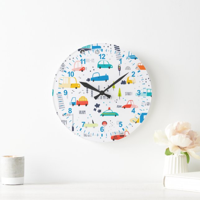 Cute Colorful Car Traffic Pattern Large Clock (Home)