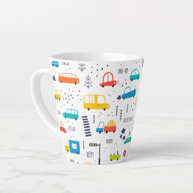 Cute Colorful Car Traffic Pattern Latte Mug (Left Angle)