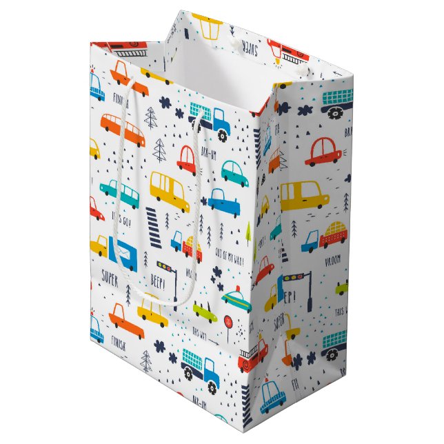 Cute Colorful Car Traffic Pattern Medium Gift Bag (Front Angled)