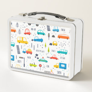 Cute Colorful Car Traffic Pattern Metal Lunch Box