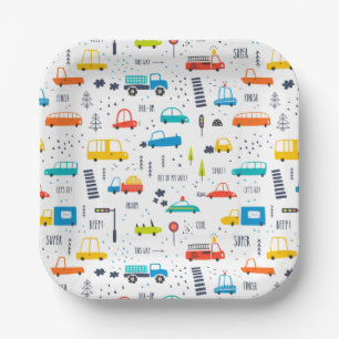 Cute Colorful Car Traffic Pattern Paper Plates