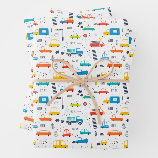 Cute Colorful Car Traffic Pattern Wrapping Paper Sheets (In situ)