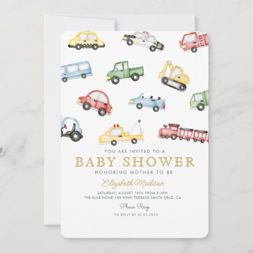 Cute Colorful Cars Boy Baby Shower Invitation